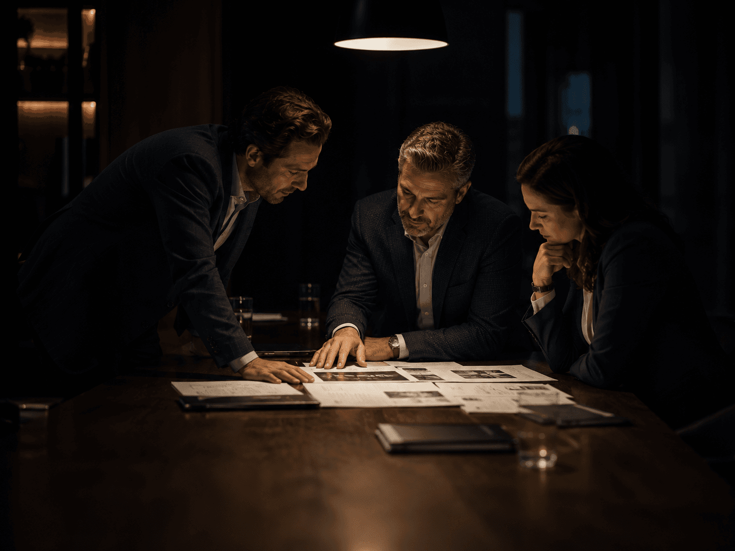 Colleagues reviewing documents around a table