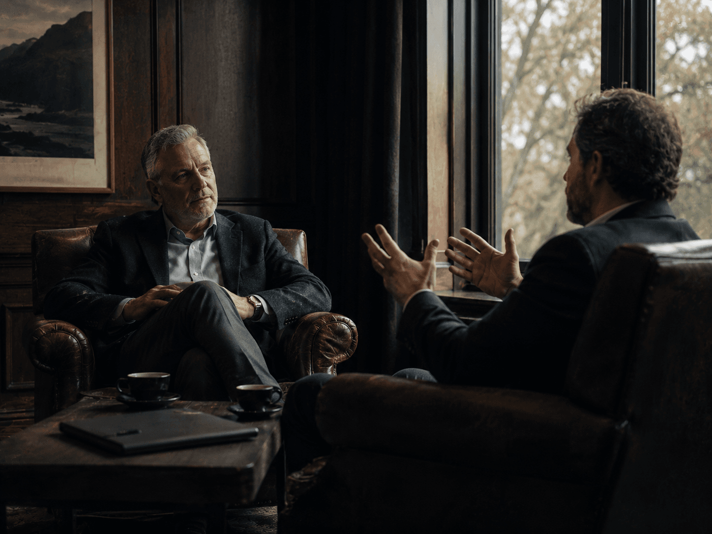 Two colleagues in conversation in a panelled room